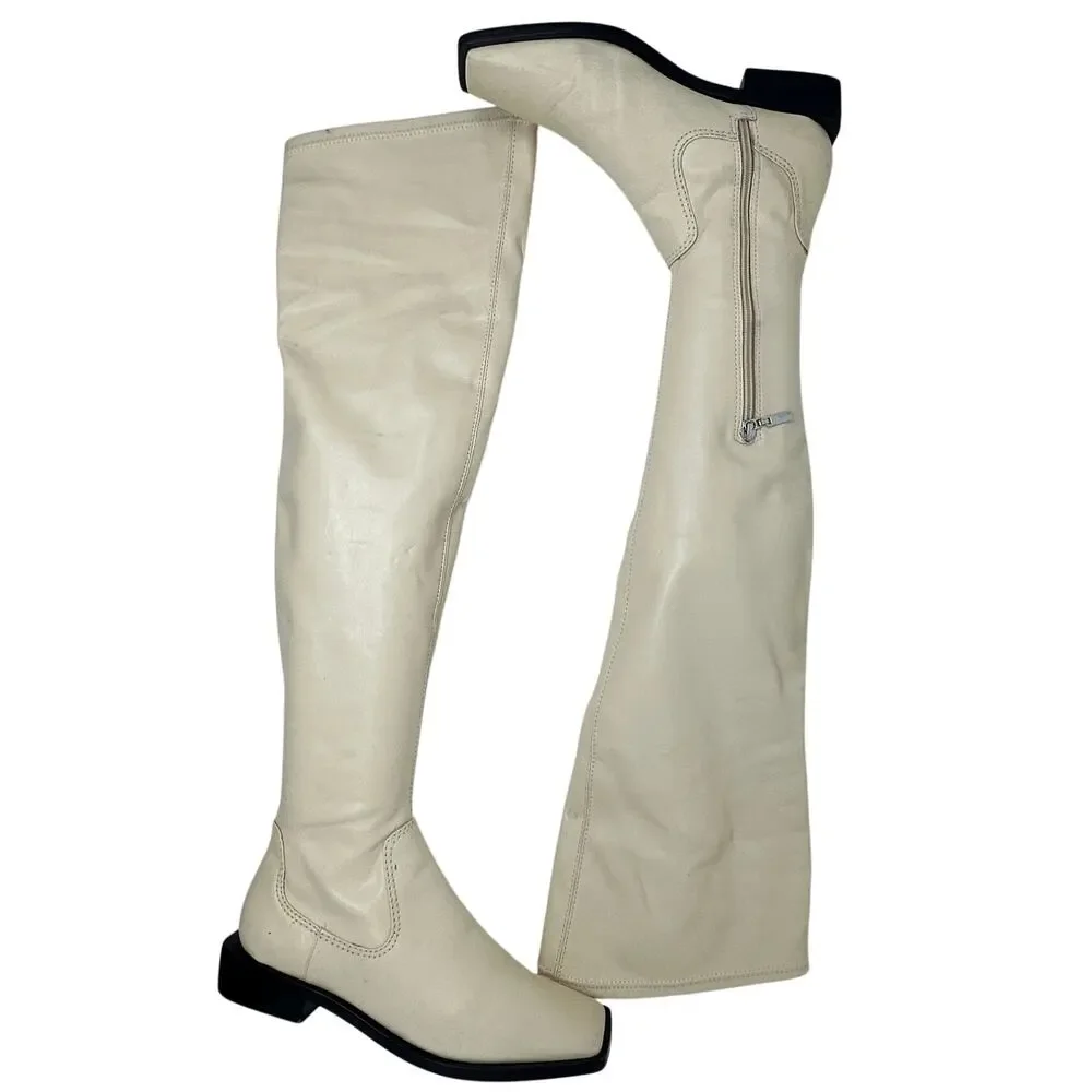 Schutz Guily Up Over The Knee Boots Eggshell Cream Leather‎ Square Toe Women 7.5